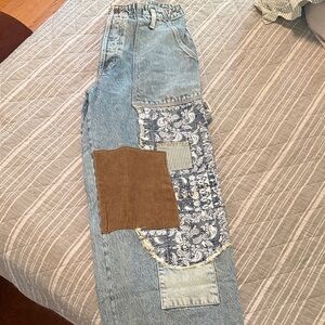 We The Free Blue Patchwork Straight Leg Jeans